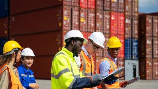 Group of engineer worker and manager in the shipping yard container.