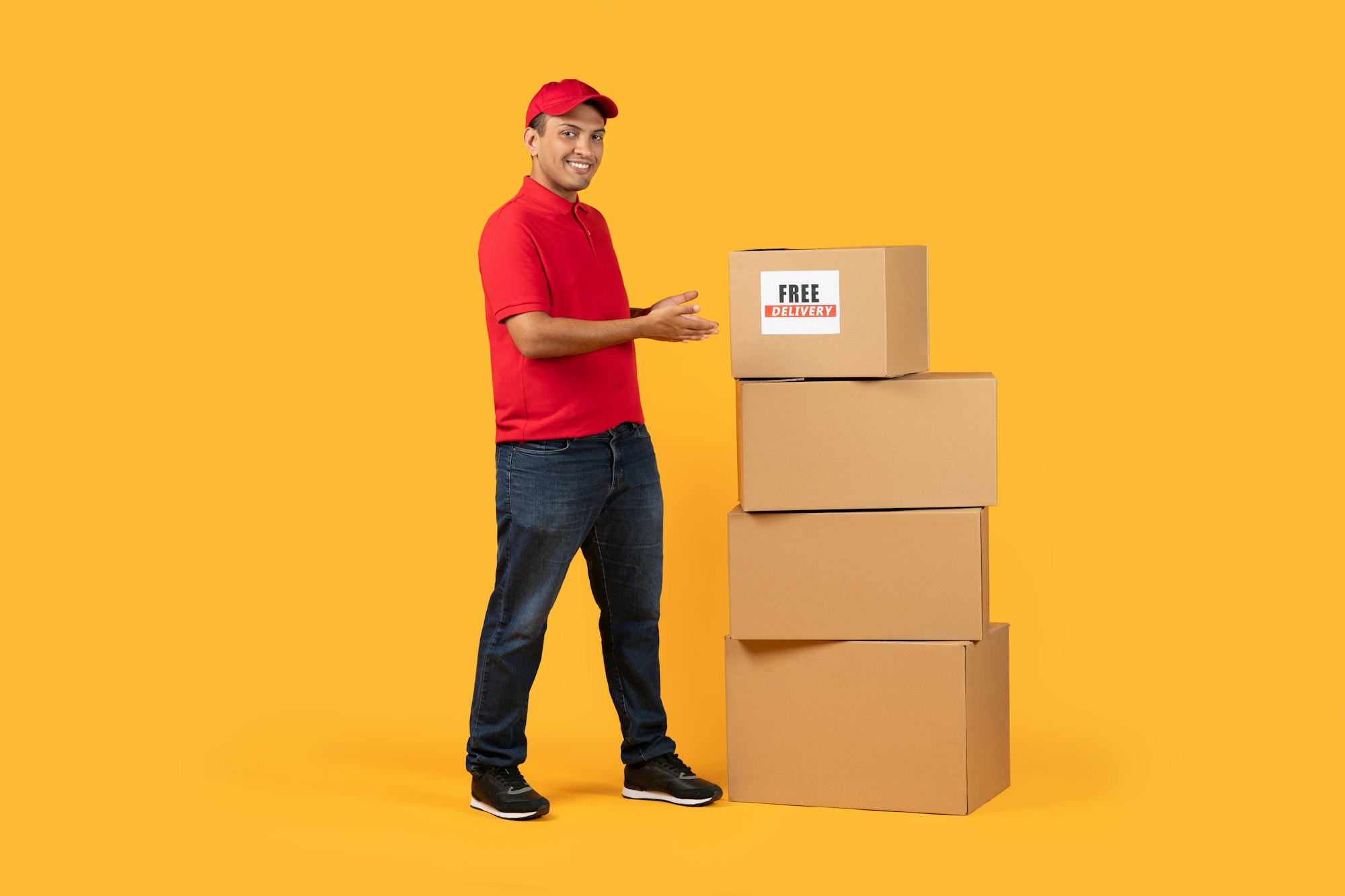 Smiling Delivery Worker in Red Uniform With Stack of Boxes