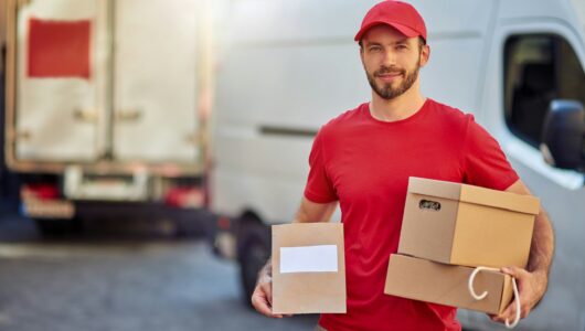 Young caucasian male courier holding small parcels standing in yard